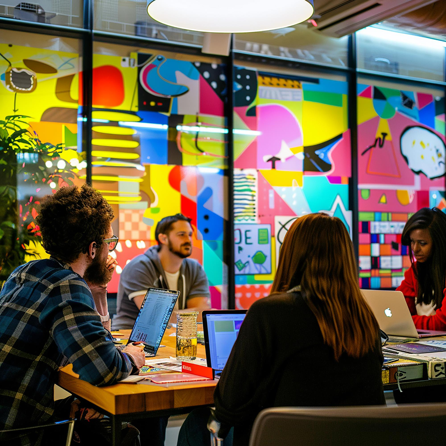 Equipo creativo colaborando en un proyecto de comunicación